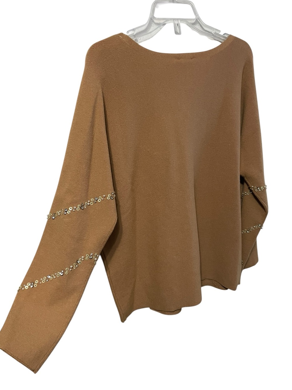 Chico's Beige Diagonal Beaded Embellished Soft Pullover Sweater Top Sz 2/L - Picture 2 of 16